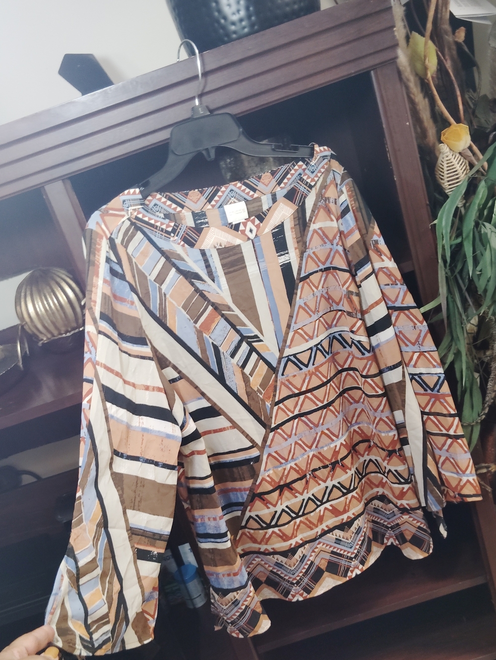 Chico's V-Neck Geometric Stripe Blouse in Tan, Blue & Brown